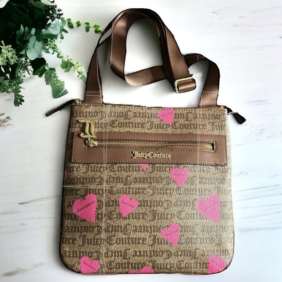 Juicy Couture Basic Love Crossbody  Chestnut Brown With Pink Hearts Purse - Picture 10 of 10